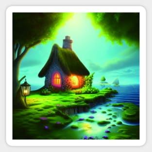 Fantasy House In a Greenery Scene, Fantasy Cottagecore artwork Sticker